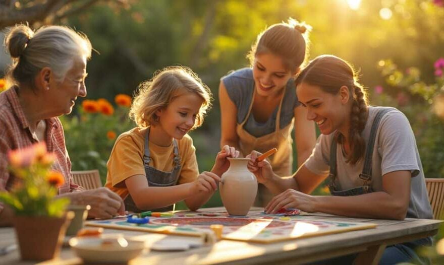 Family making pottery together