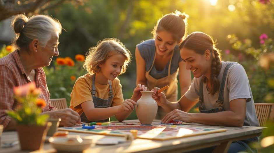 Family making pottery together