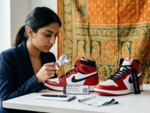 is kicks machine legit — sneaker authentication inspection table with verification tags for Indian sneaker buyers