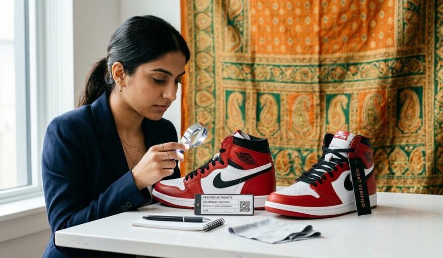 is kicks machine legit — sneaker authentication inspection table with verification tags for Indian sneaker buyers