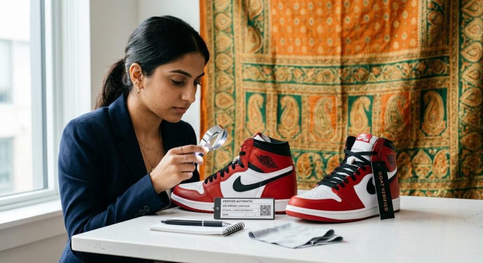 is kicks machine legit — sneaker authentication inspection table with verification tags for Indian sneaker buyers