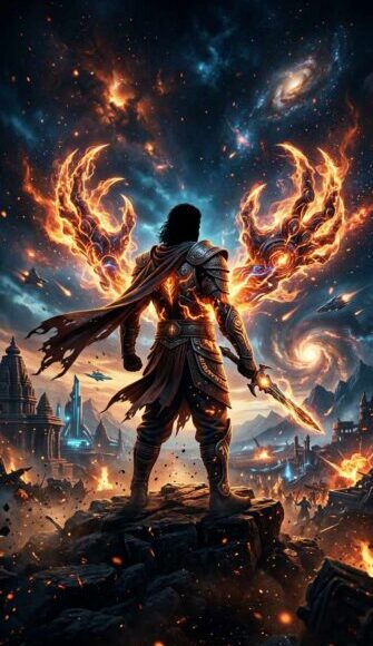 raaka movie release date — Atlee fantasy-action blockbuster concept art with cosmic fire and warrior imagery