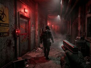 Resident Evil Requiem DLC release date — atmospheric survival horror corridor with biohazard warnings and crimson lighting
