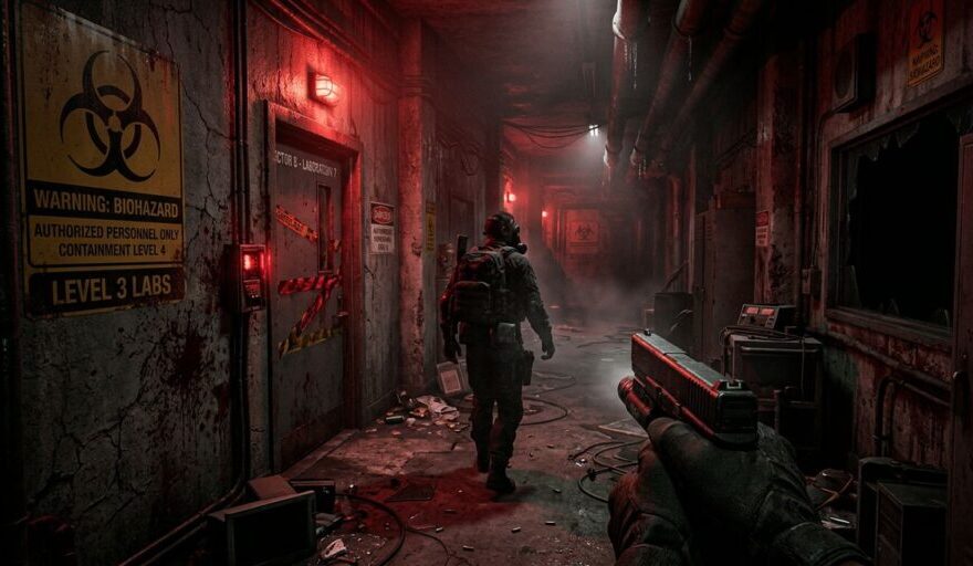 Resident Evil Requiem DLC release date — atmospheric survival horror corridor with biohazard warnings and crimson lighting