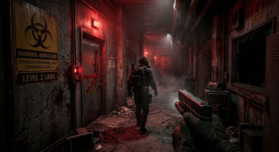 Resident Evil Requiem DLC release date — atmospheric survival horror corridor with biohazard warnings and crimson lighting
