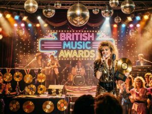 sinitta net worth — vintage 1980s British pop music era with gold records and stage lights representing her career wealth