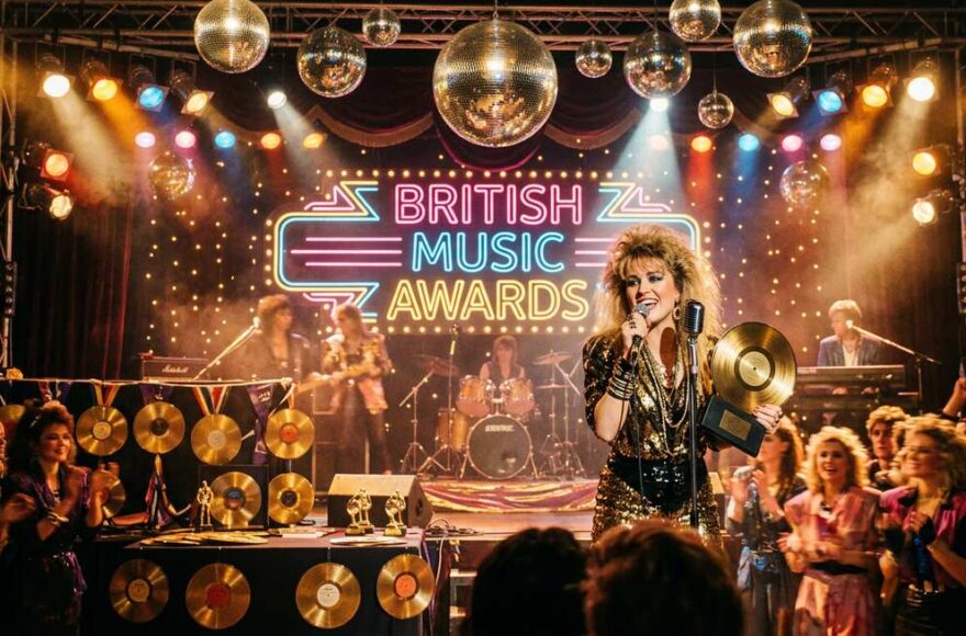 sinitta net worth — vintage 1980s British pop music era with gold records and stage lights representing her career wealth