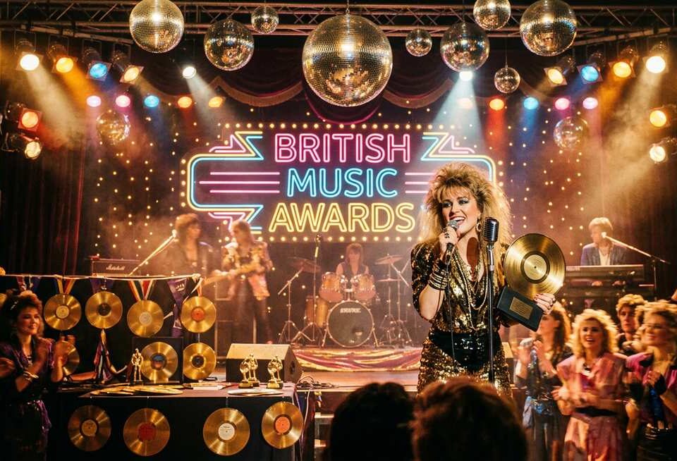 sinitta net worth — vintage 1980s British pop music era with gold records and stage lights representing her career wealth