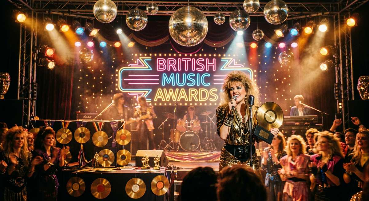 sinitta net worth — vintage 1980s British pop music era with gold records and stage lights representing her career wealth